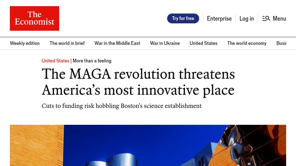 Screenshot of economist.com: The MAGA revolution threatens Boston, America's most innovative place