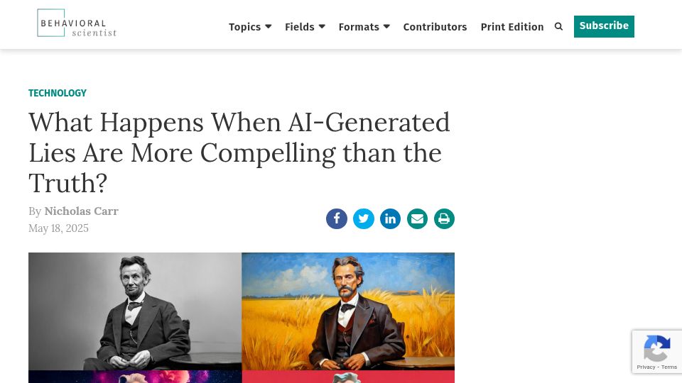 Screenshot of behavioralscientist.org: What Happens When AI-Generated Lies Are More Compelling Than the Truth?