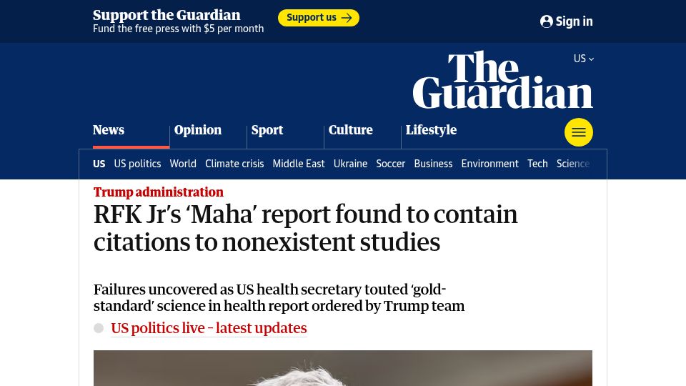 Screenshot of theguardian.com: RFK Jr's 'Maha' report found to contain citations to nonexistent studies