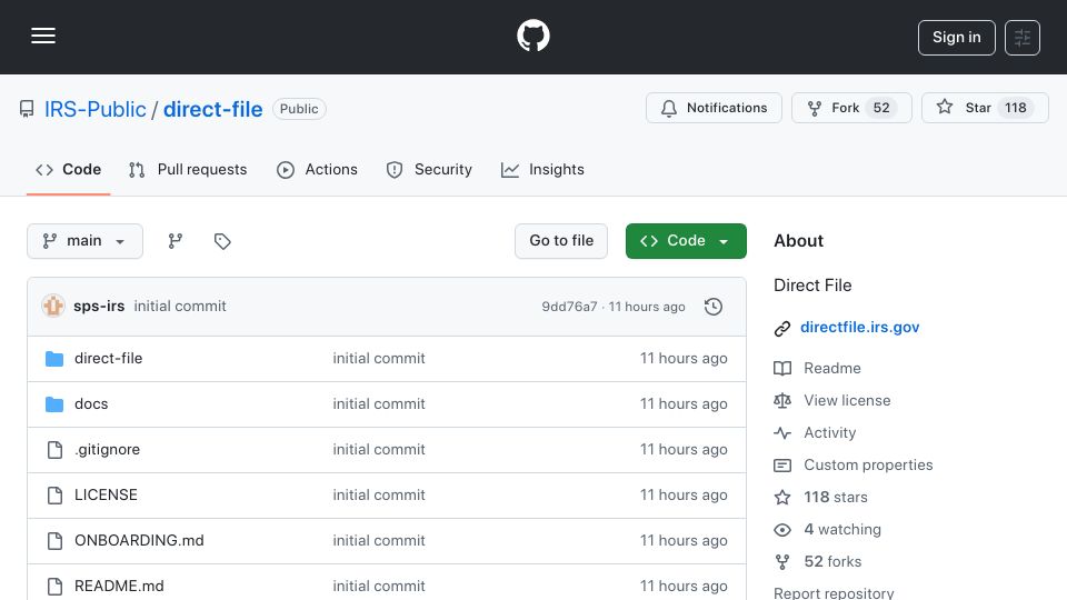 Screenshot of github.com: IRS Direct File