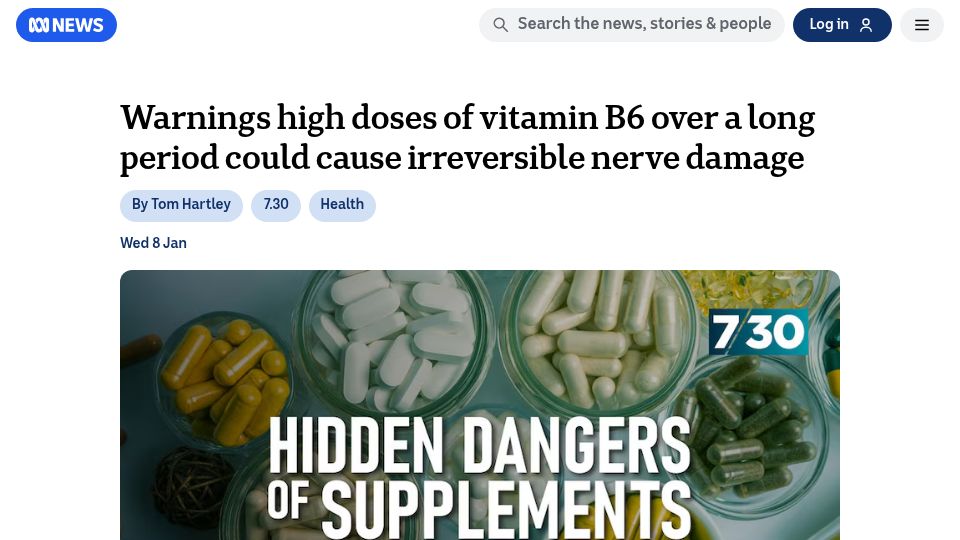 Screenshot of abc.net.au: High vitamin B6 doses over a long period could cause irreversible nerve damage