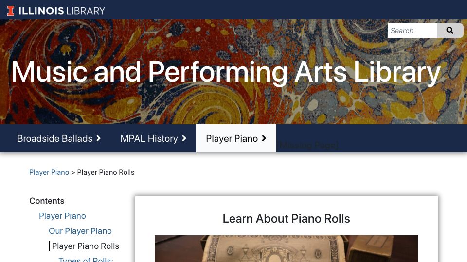 Screenshot of omeka-s.library.illinois.edu: Player Piano Rolls