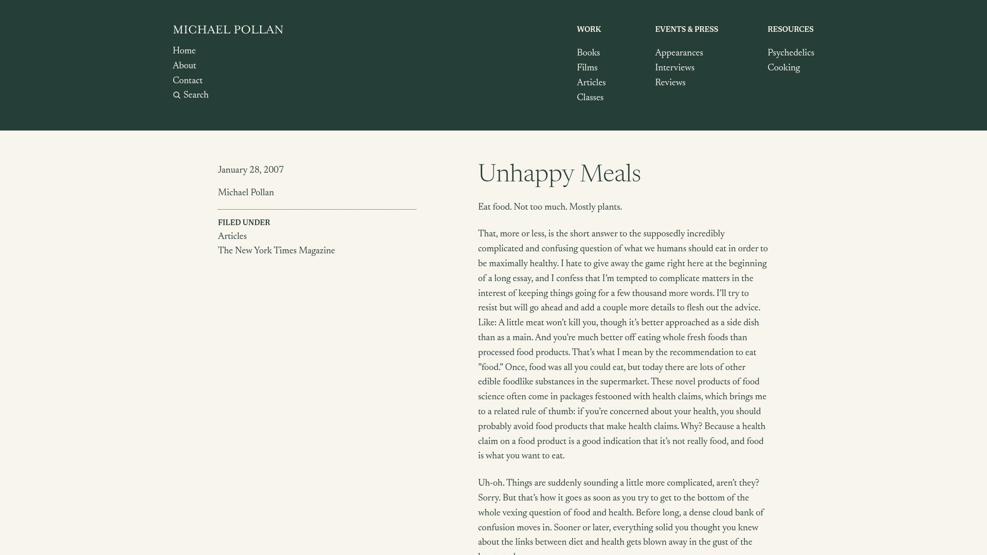 Screenshot of michaelpollan.com: Unhappy Meals (2007)