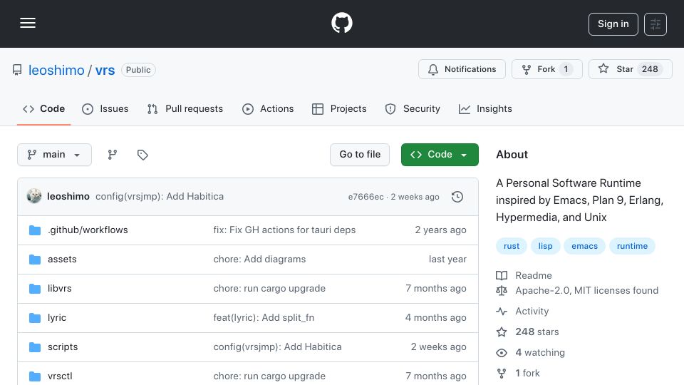 Screenshot of github.com: Vrs: Personal Software Runtime inspired by Emacs, Plan 9, Erlang, Hypermedia