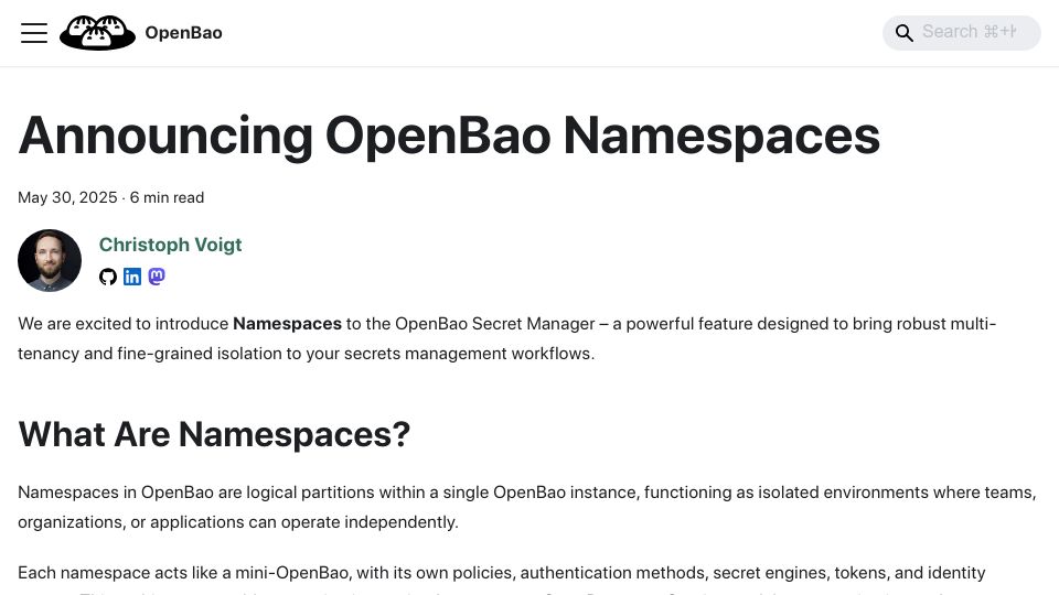 Screenshot of openbao.org: OpenBao Namespaces