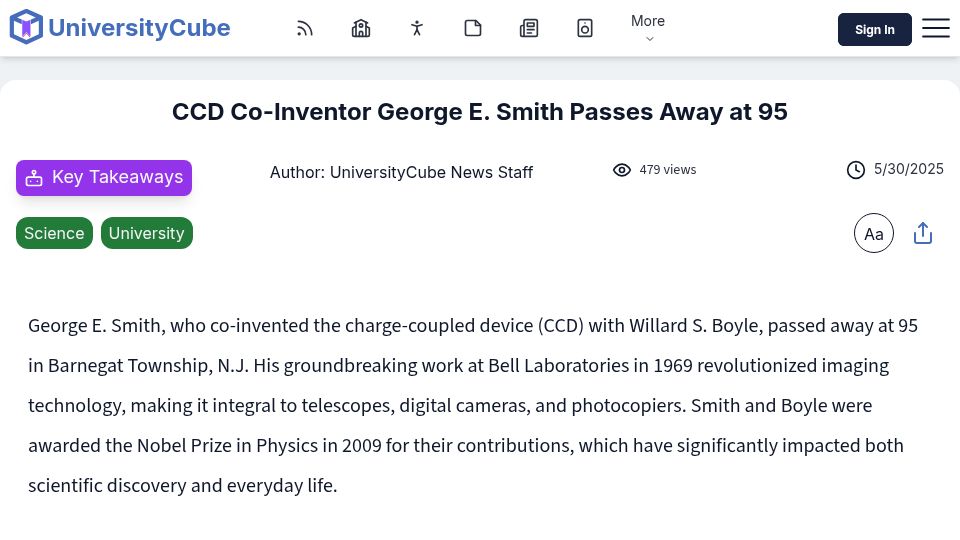 Screenshot of nytimes.com: CCD co-inventor George E. Smith dies at 95
