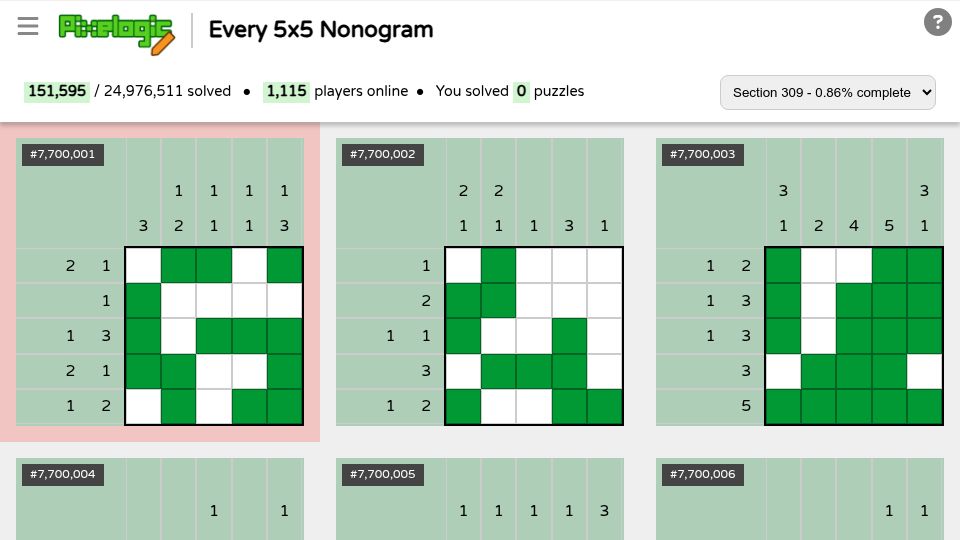 Screenshot of pixelogic.app: Every 5x5 Nonogram