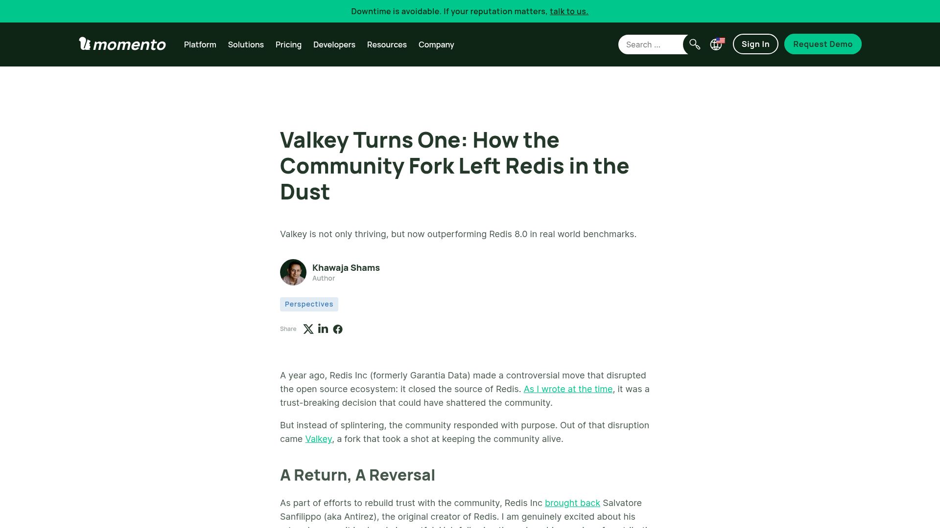 Screenshot of gomomento.com: Valkey Turns One: Community fork of Redis