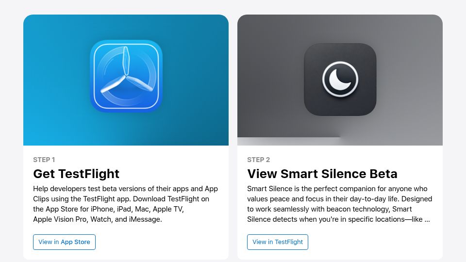 Screenshot of testflight.apple.com: Show HN: Smart Silence – Remind your iPhone to stay quiet in quiet places