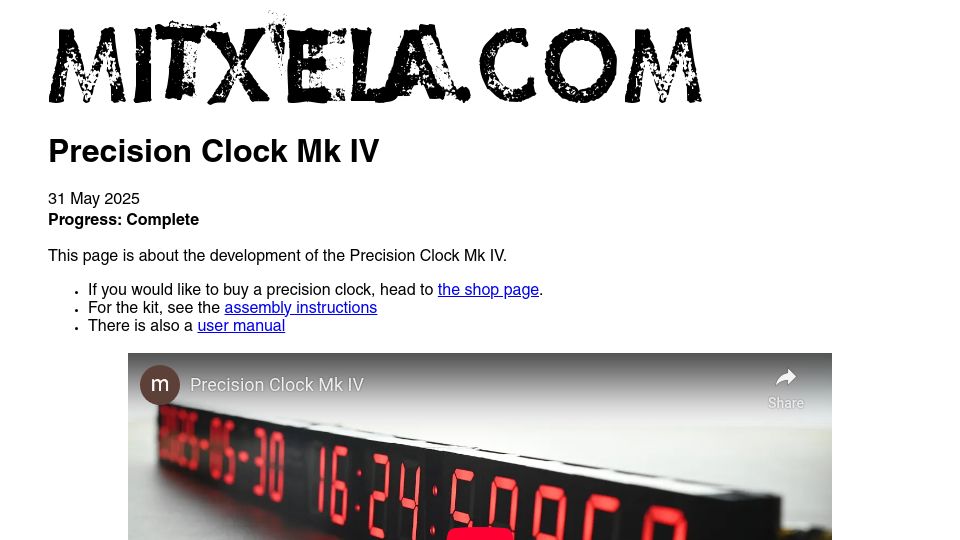 Screenshot of mitxela.com: Precision Clock Mk IV