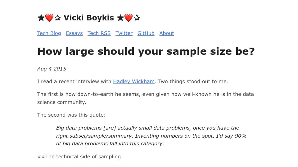 Screenshot of vickiboykis.com: How large should your sample size be?