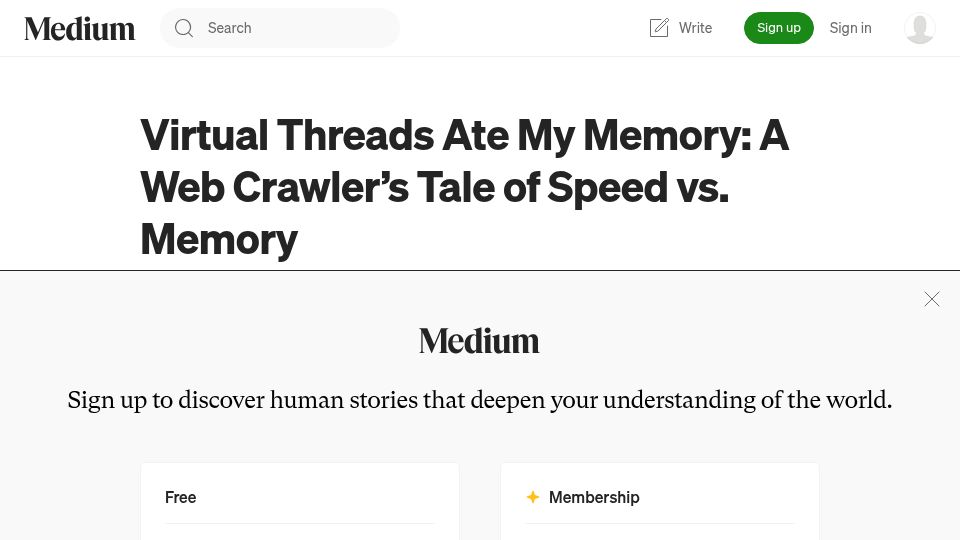 Screenshot of dariobalinzo.medium.com: Java Virtual Threads Ate My Memory: A Web Crawler's Tale of Speed vs. Memory