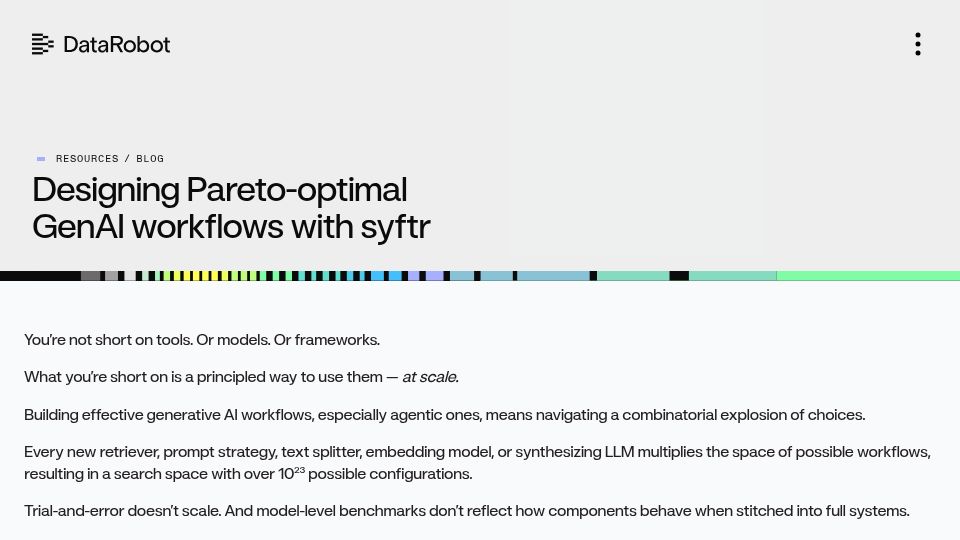 Screenshot of datarobot.com: Designing Pareto-optimal RAG workflows with syftr