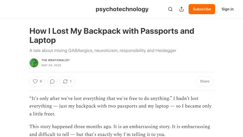 Screenshot of psychotechnology.substack.com: I Lost My Backpack with Passports and Laptop