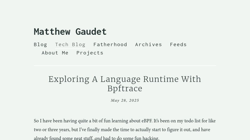 Screenshot of mgaudet.ca: Exploring a Language Runtime with Bpftrace