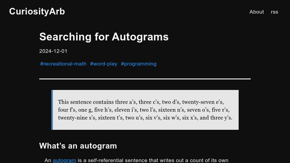 Screenshot of curiosityarb.blog: Searching for Autograms