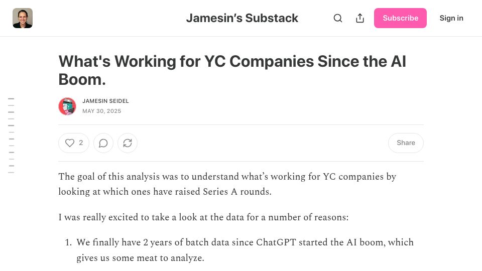 Screenshot of jamesin.substack.com: What's working for YC companies since the AI boom