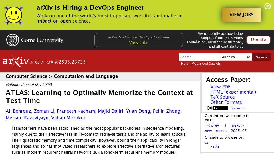 Screenshot of arxiv.org: Atlas: Learning to Optimally Memorize the Context at Test Time