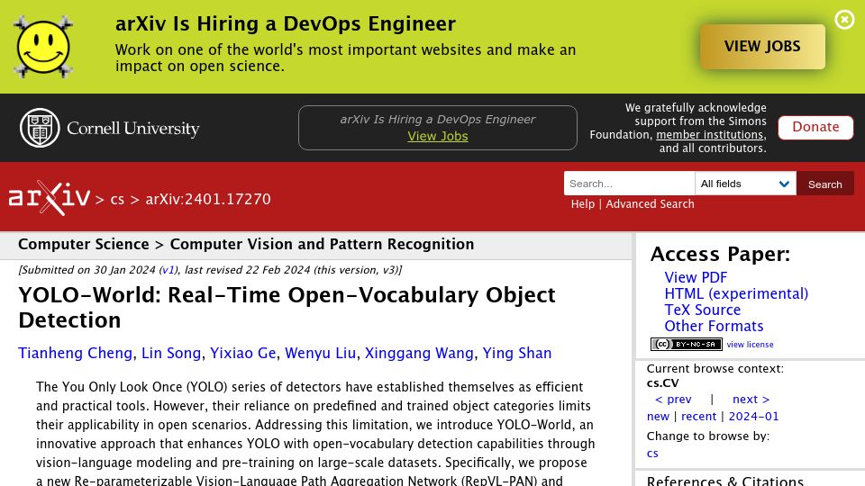 Screenshot of arxiv.org: YOLO-World: Real-Time Open-Vocabulary Object Detection