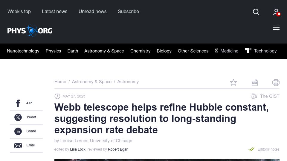 Screenshot of phys.org: Webb telescope helps refine Hubble constant