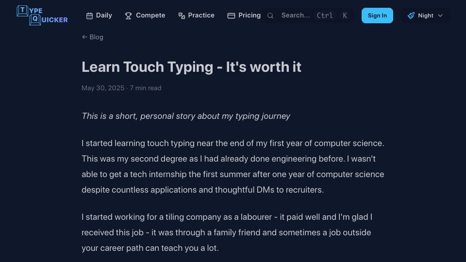 Screenshot of typequicker.com: Learn touch typing – it's worth it