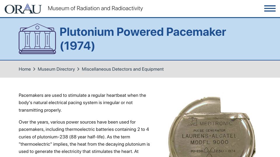 Screenshot of orau.org: Plutonium Powered Pacemaker (From 1974)