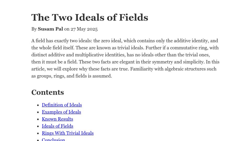 Screenshot of susam.net: The Two Ideals of Fields