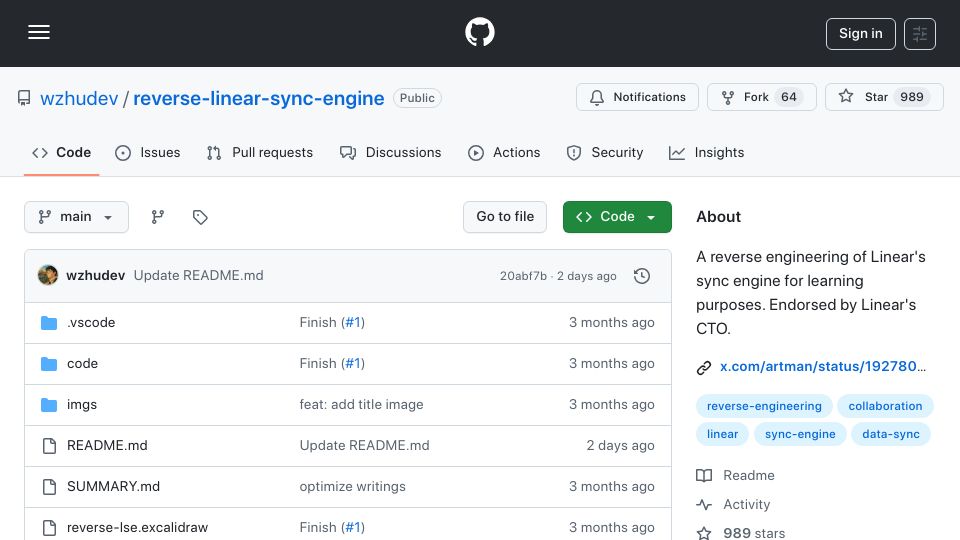 Screenshot of github.com: Reverse engineering of Linear's sync engine