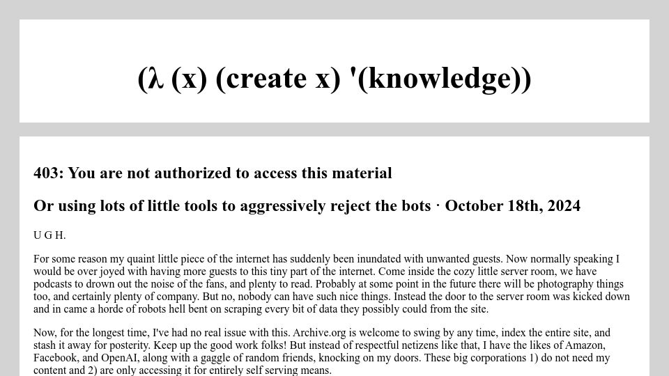Screenshot of lambdacreate.com: Using lots of little tools to aggressively reject the bots