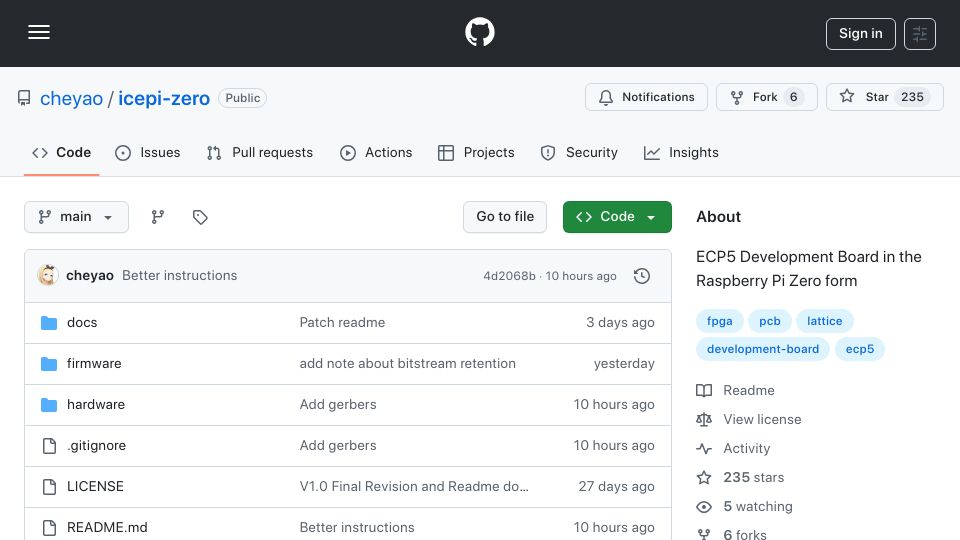 Screenshot of github.com: Show HN: Icepi Zero – The FPGA Raspberry Pi Zero Equivalent