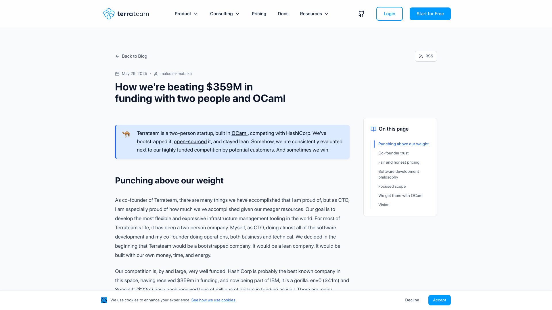 Screenshot of terrateam.io: We're beating $359M in funding with two people and OCaml