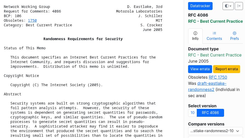Screenshot of datatracker.ietf.org: Randomness Requirements for Security (2005)