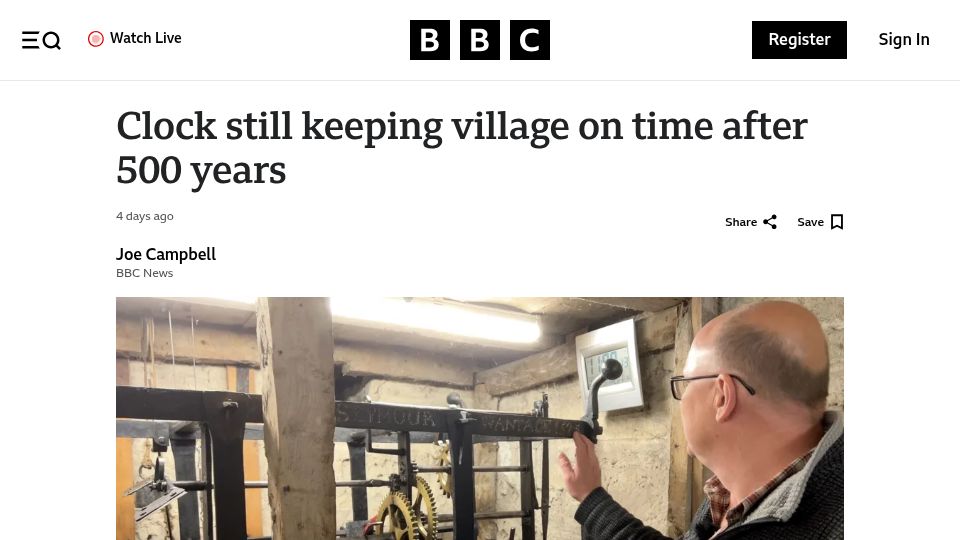 Screenshot of bbc.com: Oxfordshire clock still keeping village on time after 500 years