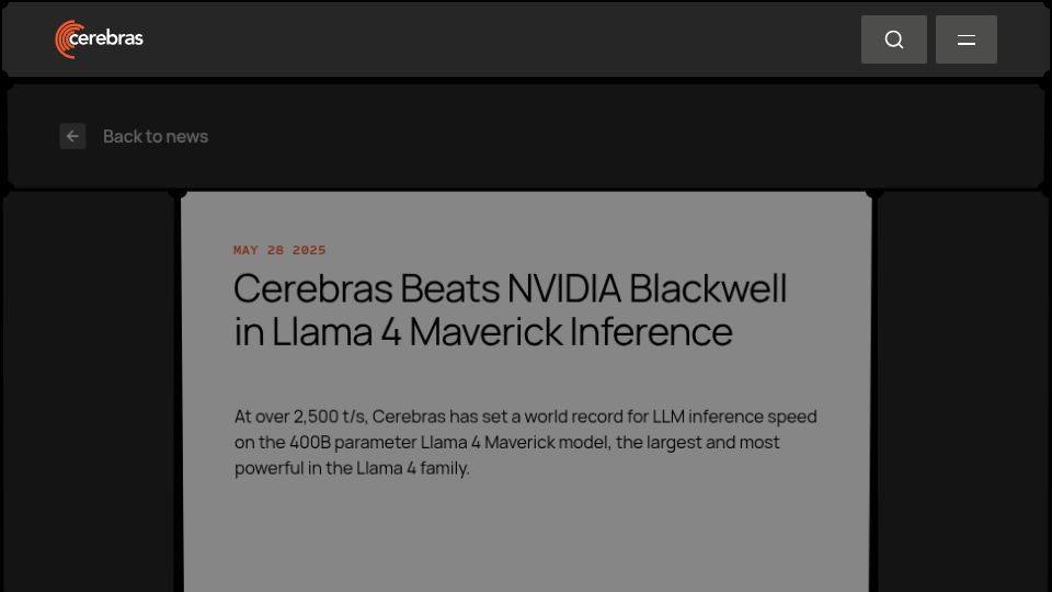 Screenshot of cerebras.ai: Cerebras achieves 2,500T/s on Llama 4 Maverick (400B)