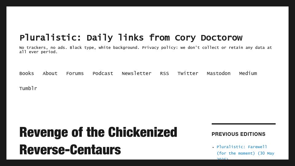 Screenshot of pluralistic.net: Revenge of the Chickenized Reverse-Centaurs