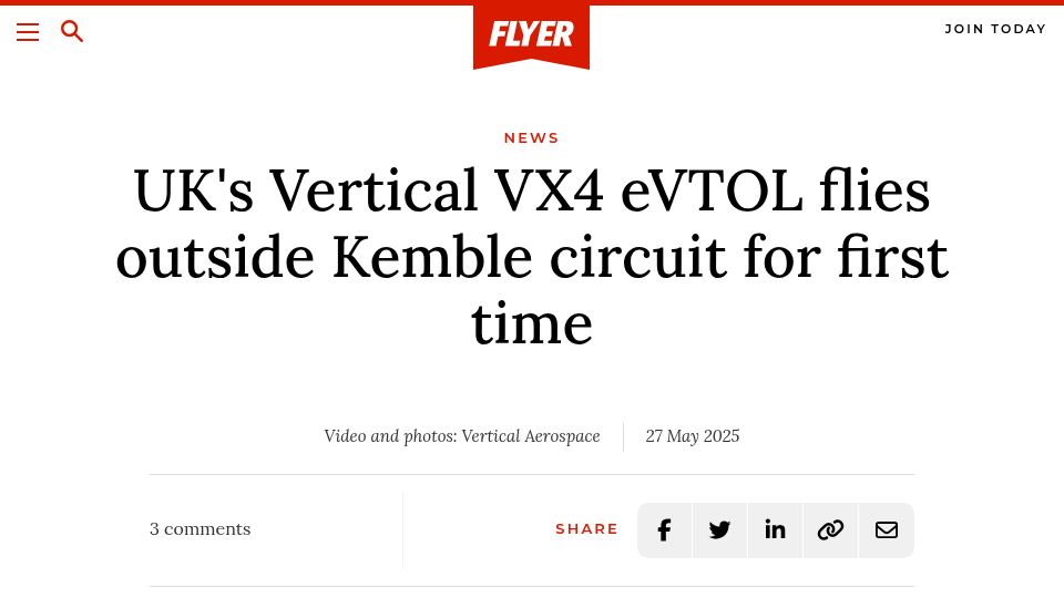 Screenshot of flyer.co.uk: UK's Vertical VX4 eVTOL flies outside Kemble circuit for first time