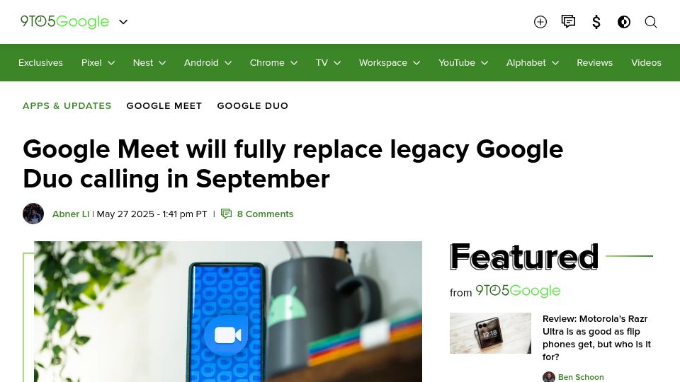Screenshot of 9to5google.com: Google Duo will be replaced by Google Meet in Sept 2025