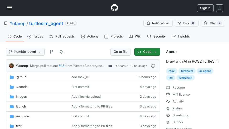 Screenshot of github.com: Show HN: I built an AI agent that turns ROS 2's turtlesim into a digital artist