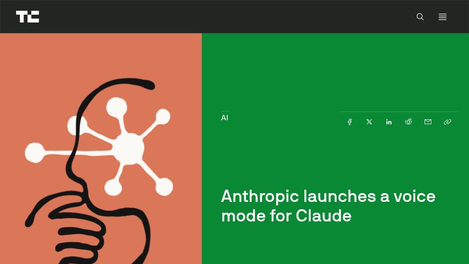 Screenshot of techcrunch.com: Anthropic launches a voice mode for Claude
