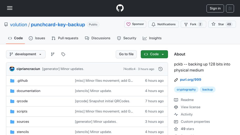Screenshot of github.com: Show HN: PunchCard Key Backup