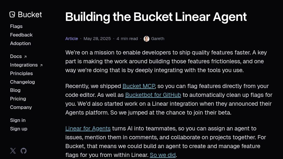 Screenshot of bucket.co: Building the Bucket Linear Agent