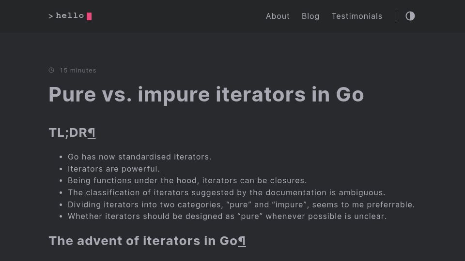 Screenshot of jub0bs.com: Pure vs. Impure Iterators in Go