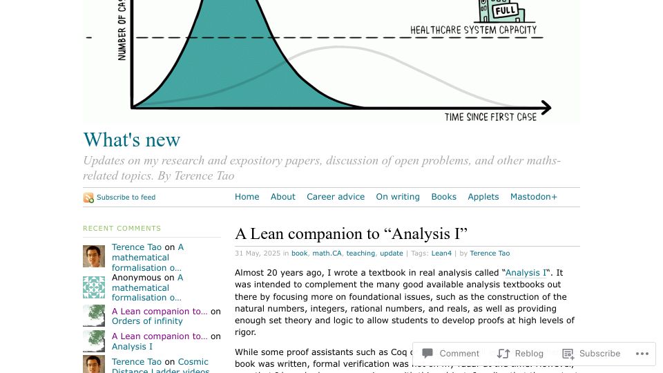 Screenshot of terrytao.wordpress.com: A Lean companion to Analysis I