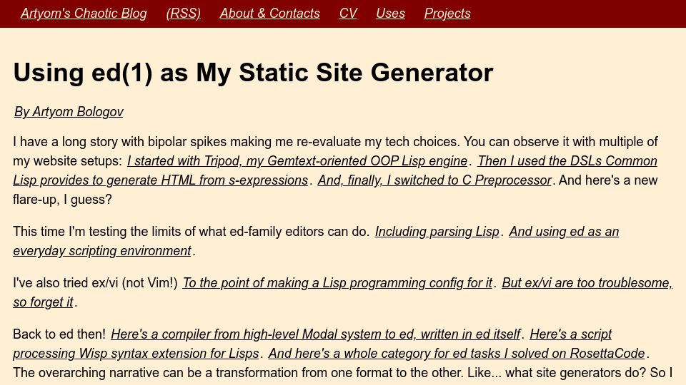 Screenshot of aartaka.me: Using Ed(1) as My Static Site Generator