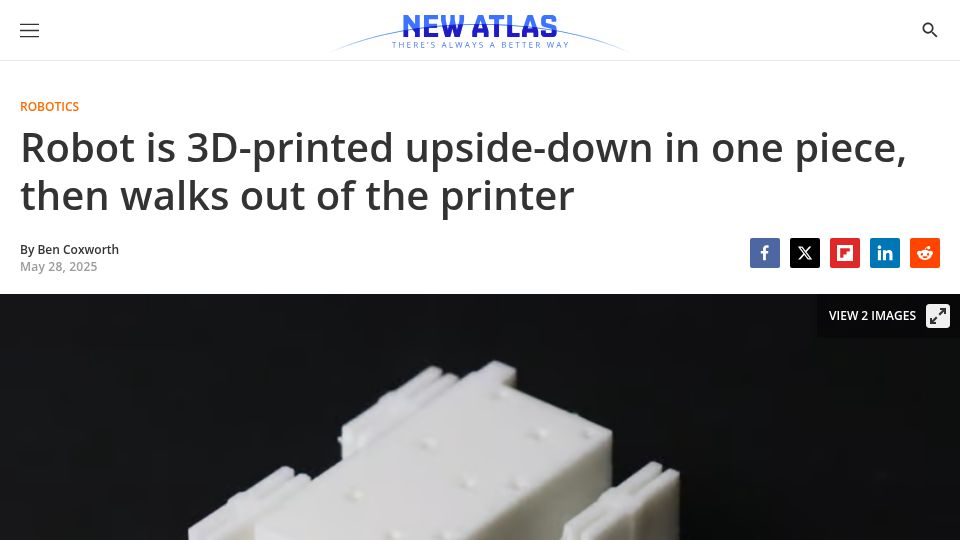 Screenshot of newatlas.com: Robot is 3D-printed upside-down in one piece, then walks out of the printer