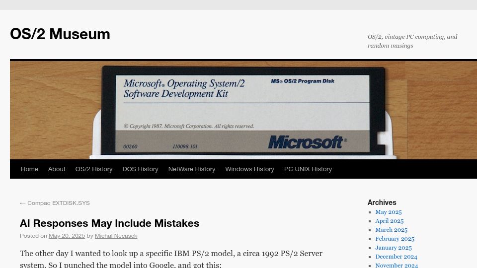 Screenshot of os2museum.com: AI Responses May Include Mistakes
