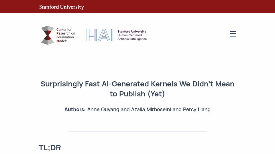 Screenshot of crfm.stanford.edu: Surprisingly fast AI-generated kernels we didn't mean to publish yet