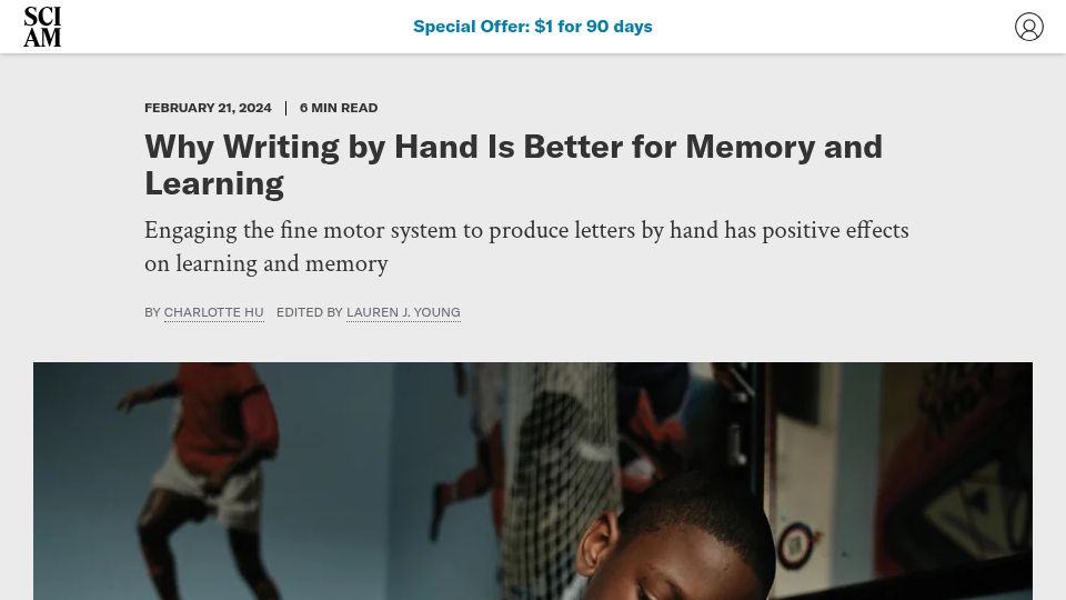 Screenshot of scientificamerican.com: Why Writing by Hand Is Better for Memory and Learning