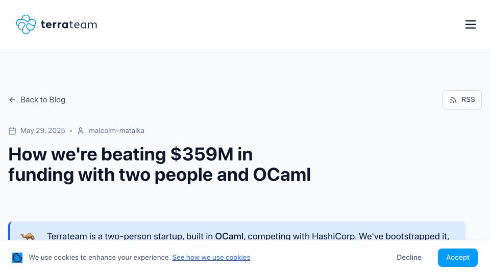 Screenshot of terrateam.io: We're beating $359M in funding with two people and OCaml