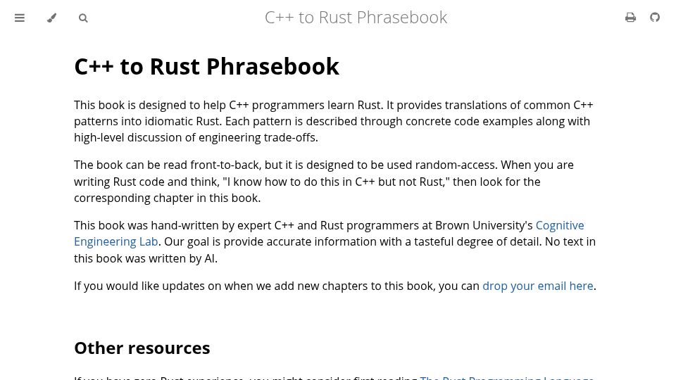 Screenshot of cel.cs.brown.edu: C++ to Rust Phrasebook